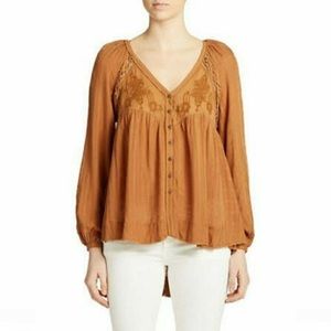 Free People Embroidered Rustic Peasant Boho Blouse